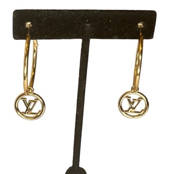 Upcycled Gold LV Louis Vuitton Charm Hoop Earrings - Picture 3 of 9
